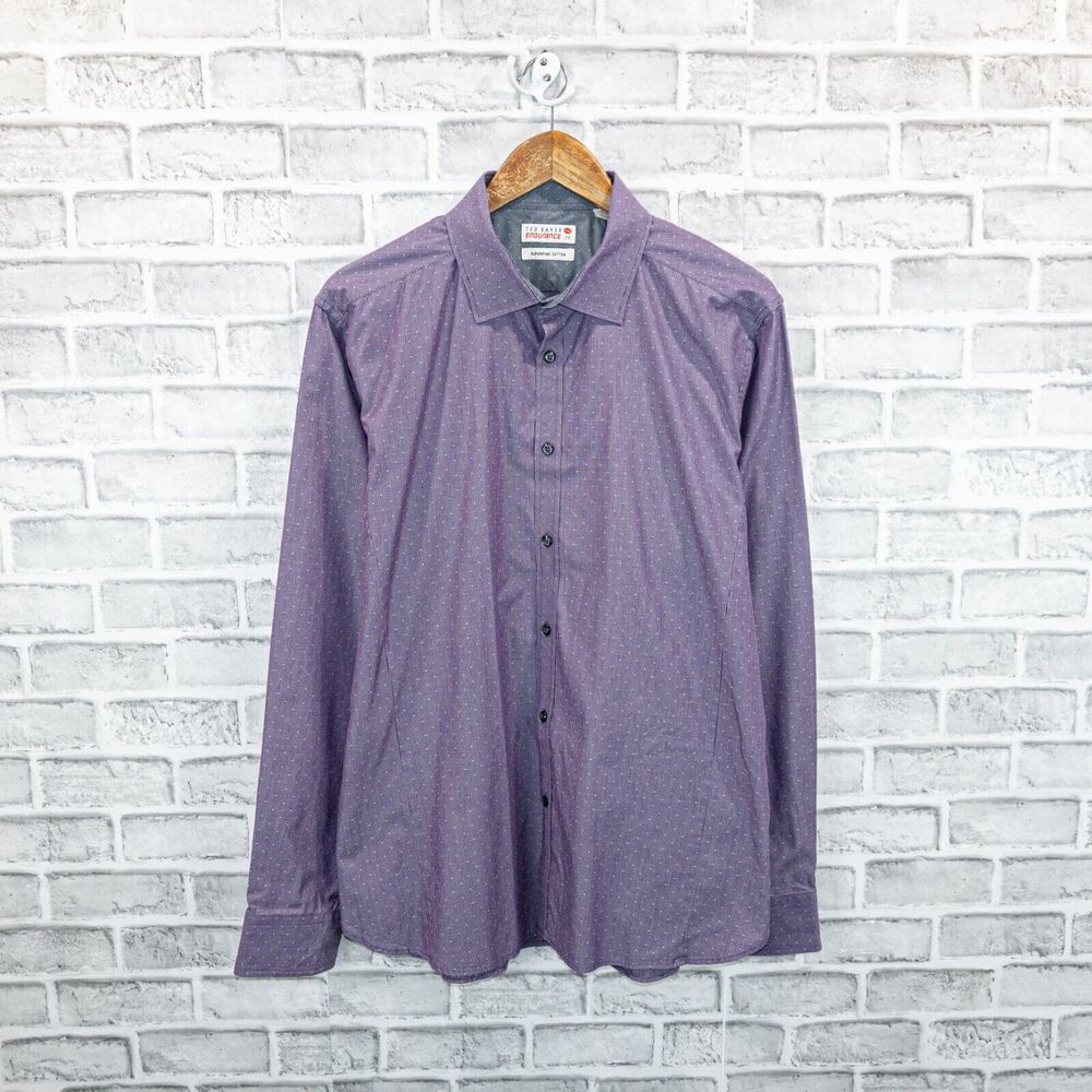 TED BAKER endurance fit Button up Shirt Purple stripe dotted Size 17.5